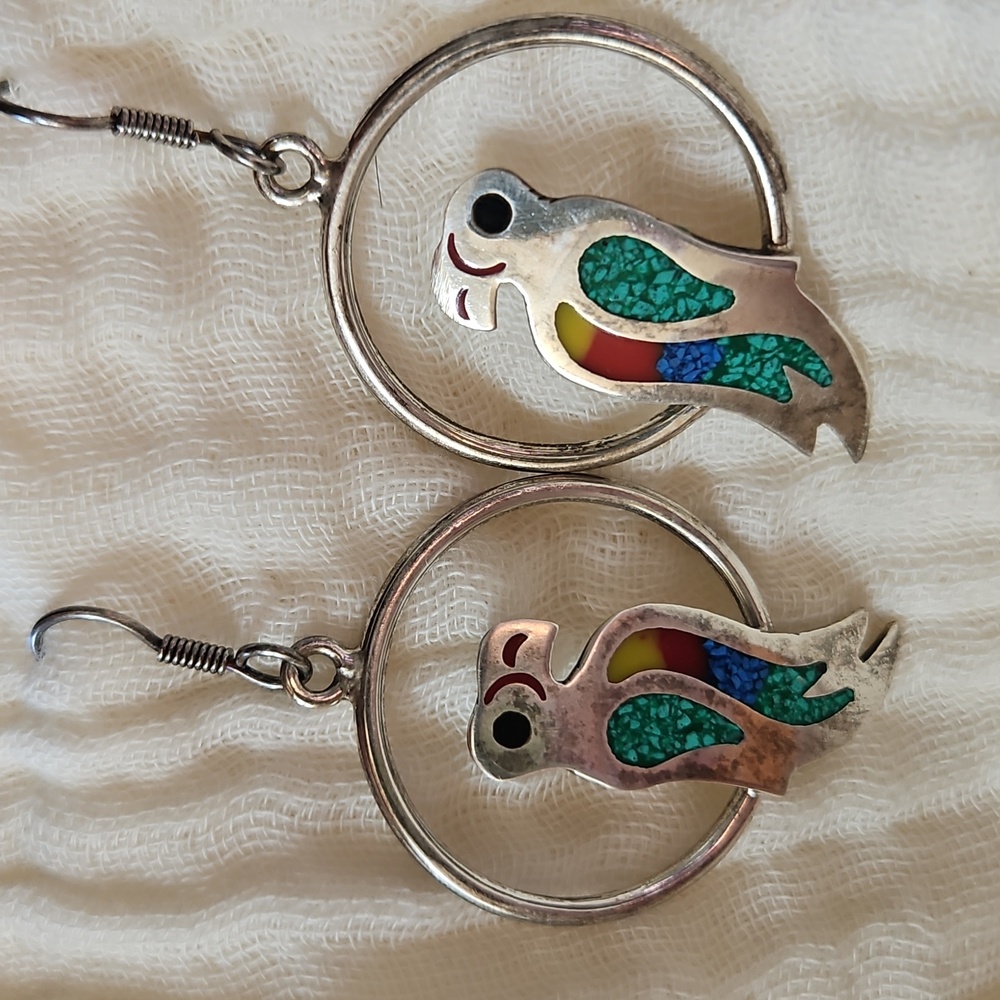 Colorful Parrot Inlay Hoop Drop Earrings - Picture 6 of 8